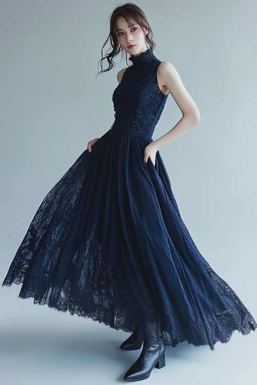 A woman wearing a navy blue high-neck gown with intricate lace detailing and a cinched waist, styled with sleek black ankle boots