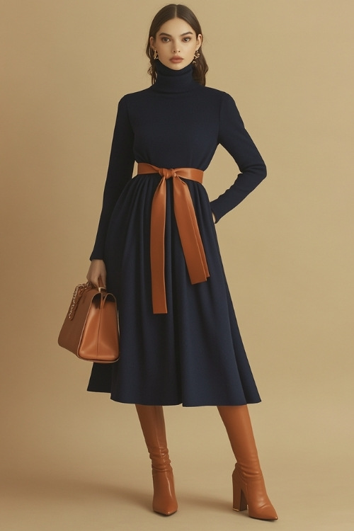 A woman wearing a navy wool midi dress with a high neckline, long sleeves, and a tie belt at the waist. She accessorizes with brown ankle boots and a matching leather bag