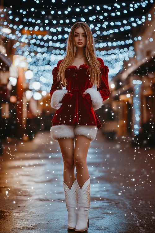 A woman wearing a red velvet romper with puffed sleeves and white cowboy boots