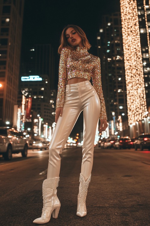 A woman wearing a sequined top tucked into high-waisted trousers, finished with white cowboy boots