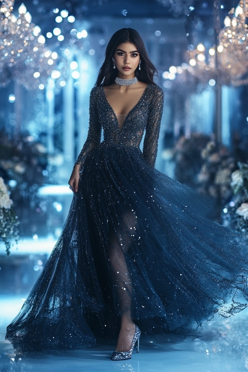 A woman wearing a shimmering midnight blue gown with long sheer sleeves, intricate silver beadwork, and a flowy A-line skirt (2)