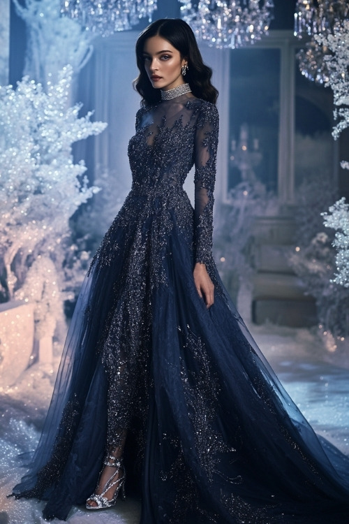 A woman wearing a shimmering midnight blue gown with long sheer sleeves, intricate silver beadwork, and a flowy A-line skirt