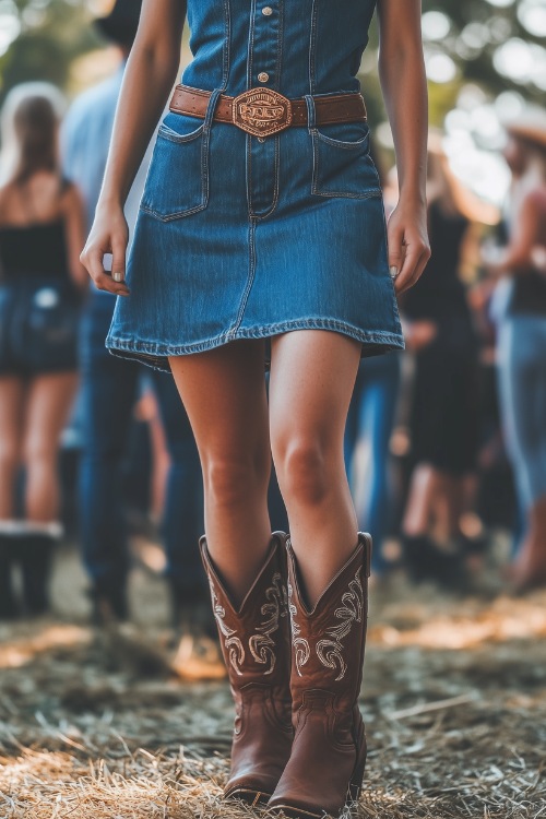 A woman wearing a sleeveless button-up denim dress, cinched with a western belt, paired with classic brown cowboy boots