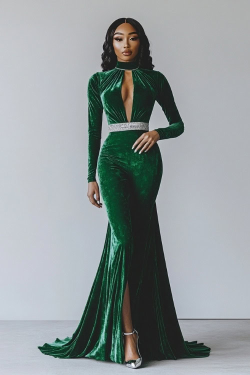 A woman wearing an emerald green velvet gown with a high neckline and long fitted sleeves, styled with a silver belt and metallic heels