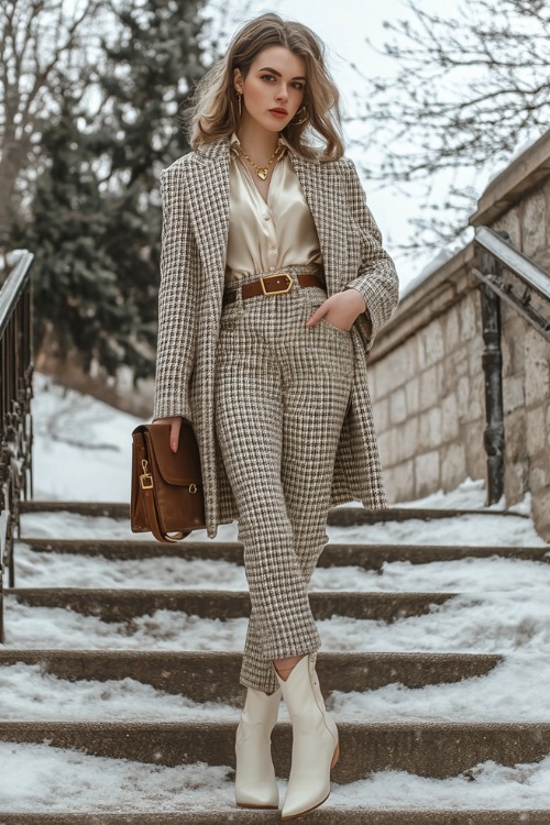 A woman wearing cream-colored short cowboy boots styled with a houndstooth belted coat, a silk blouse, and high-waisted wool trousers