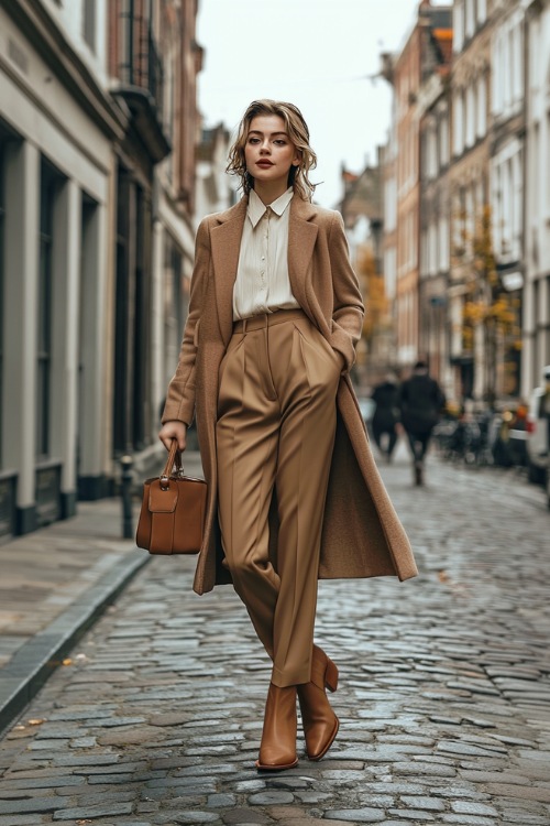 A woman wearing tan short cowboy boots styled with a tailored camel coat, a silk cream blouse, high-waisted wide-leg trousers, and a leather handbag