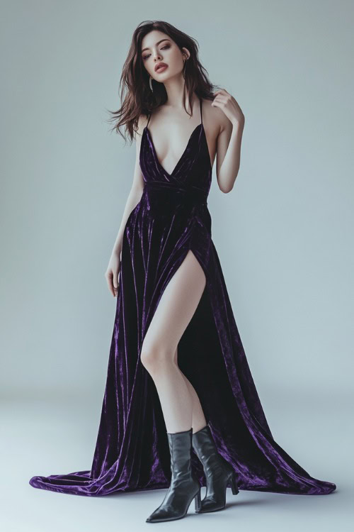 A woman wears a deep plum velvet dress with a floor-length silhouette and high slit, styled with black leather boots