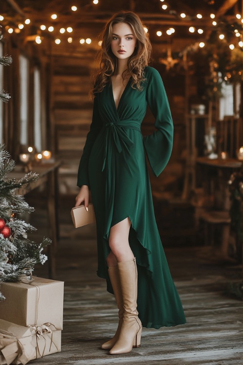 A woman wears festive forest green wrap dress with long bell sleeves, a midi hemline, and a deep V-neckline, styled with beige ankle boots, a neutral scarf, and a leather clutch