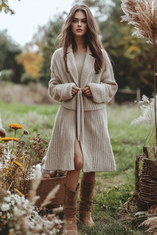 A woman wears knee-length knitted sweater dress in soft beige with a belted waist, styled with ankle boots and a wool coat