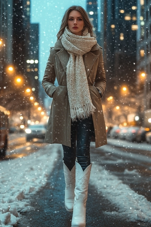 A woman with a chunky knit scarf, fitted coat, and tall white cowboy boots with sleek, clean lines, walks down a bustling city street with light snowfall (2)