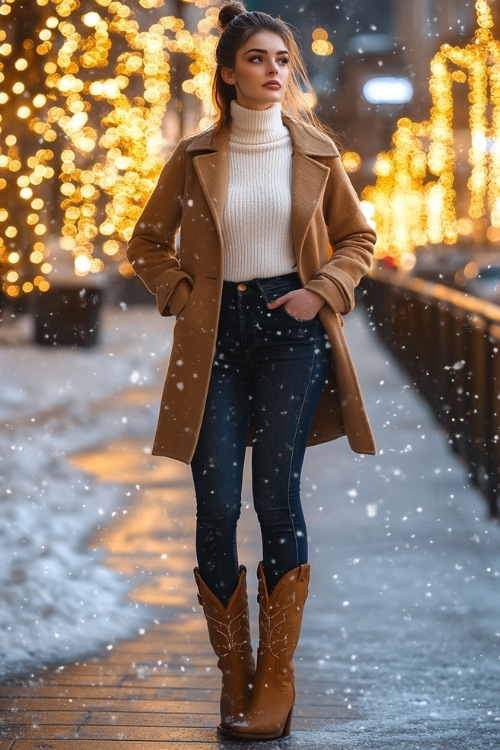 A woman with a high ponytail, wearing a tan coat over a white knit turtleneck and dark jeans tucked into tall tan cowboy boots