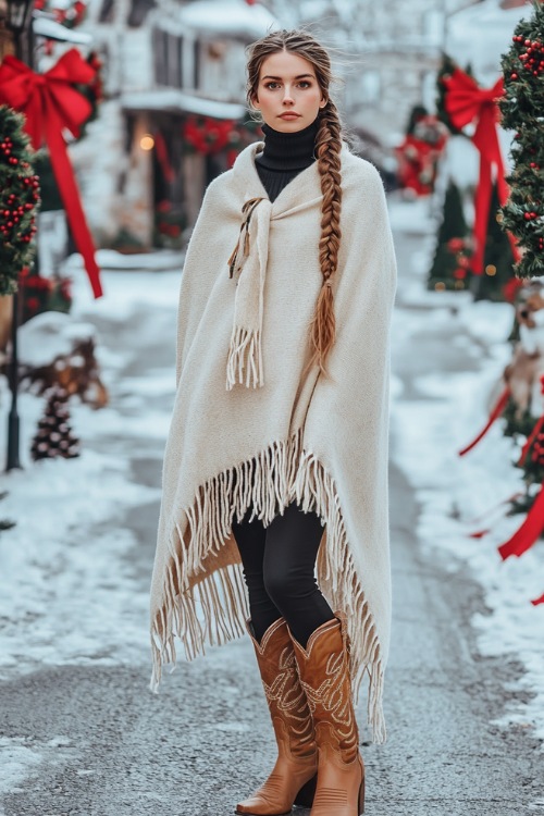 A woman with a relaxed braid in a cream wool poncho, dark turtleneck, and tall tan cowboy boots with detailed stitching