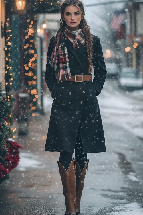 A woman with long braided hair in a belted black coat, plaid scarf, and tall cowboy boots, walking along a small-town street with holiday decorations and light snowfall