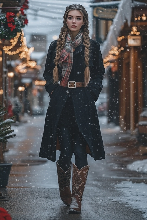 A woman with long braided hair in a belted black coat, plaid scarf, and tall cowboy boots