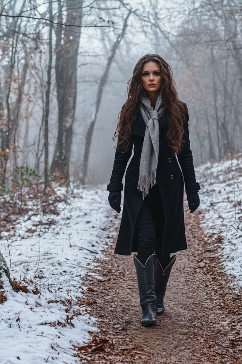 A woman with long brown hair in a black trench coat and grey cashmere scarf, paired with tall black cowboy boots with classic stitching