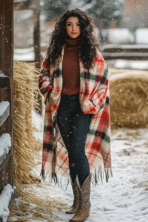 A woman with long, curly dark hair wears a cozy plaid poncho over a turtleneck sweater and dark skinny jeans tucked into tall tan cowboy boots with decorative stitching