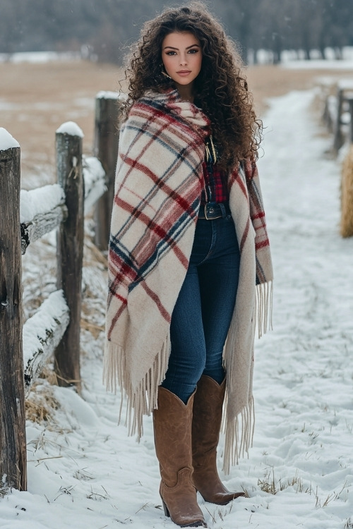 A woman with long curly hair, wearing a plaid poncho, dark jeans, and tall tan cowboy boots