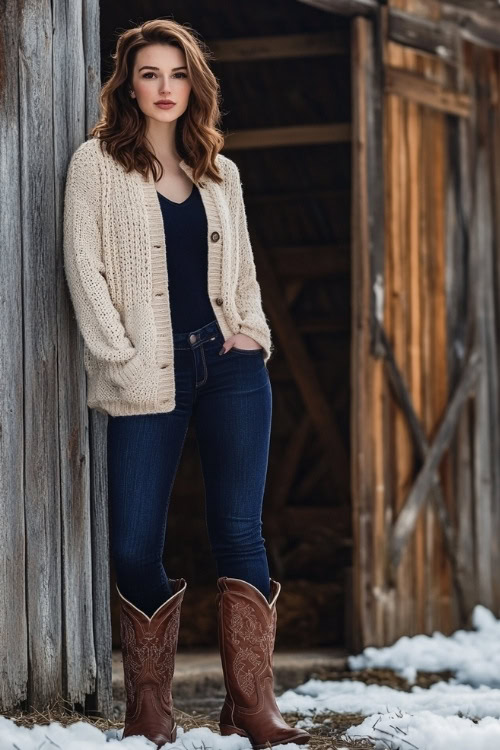 A woman with shoulder-length auburn hair in a cozy beige cardigan and dark blue skinny jeans tucked into tall brown cowboy boots with classic embossed patterns