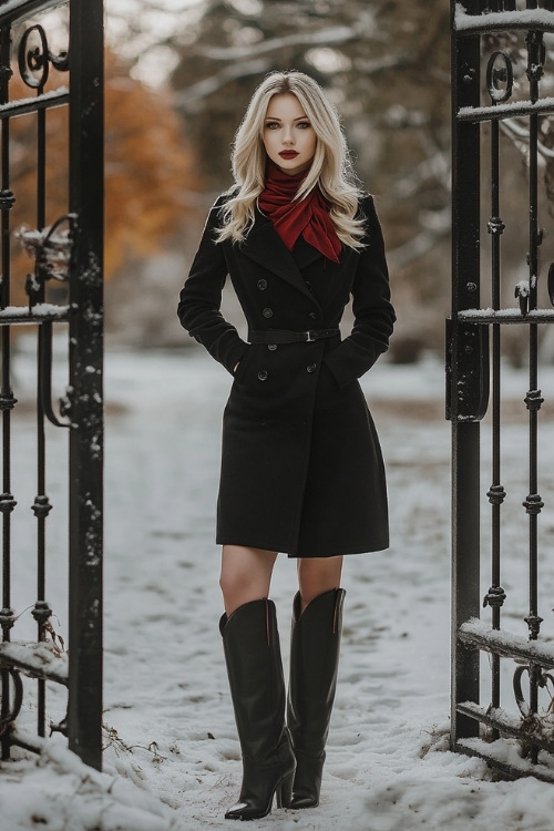 A woman with shoulder-length blonde hair in a tailored black trench coat, dark red scarf, and tall black cowboy boots