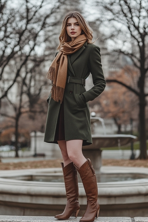 A woman with shoulder-length hair in a tailored dark green coat, silk scarf, and tall brown cowboy boots