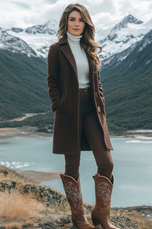 A woman with shoulder-length wavy hair, dressed in a chocolate brown wool coat, white turtleneck, and fitted pants, paired with tan tall cowboy boots