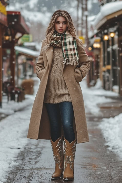 A young woman in a warm beige sweater and plaid scarf, layered with a long wool coat, wears tall tan cowboy boots with silver accents (2)