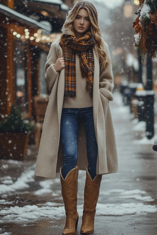 A young woman in a warm beige sweater and plaid scarf, layered with a long wool coat, wears tall tan cowboy boots with silver accents (3)