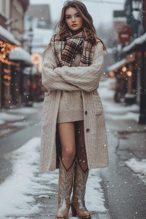 A young woman in a warm beige sweater and plaid scarf, layered with a long wool coat, wears tall tan cowboy boots with silver accents