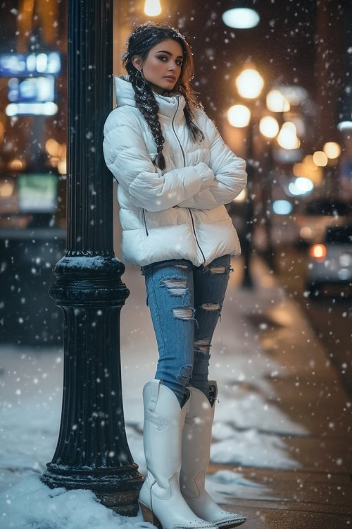 A young woman with long, dark hair in a side braid, wearing a puffy white down jacket, ripped jeans, and tall white cowboy boots with metallic accents