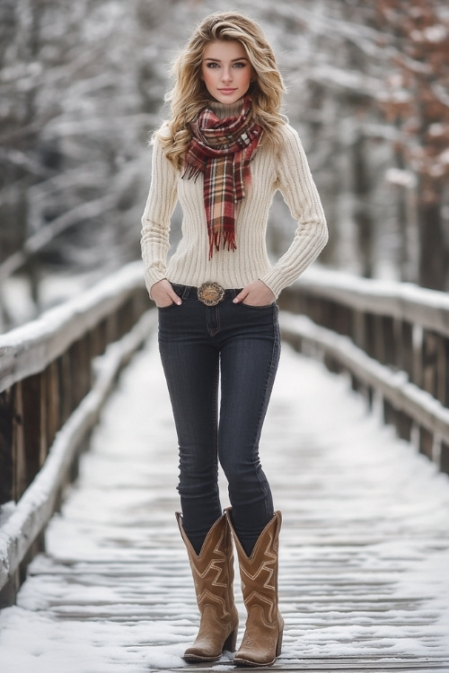 A young woman with wavy blonde hair in a cream turtleneck sweater, wearing a woolen plaid scarf and dark skinny jeans