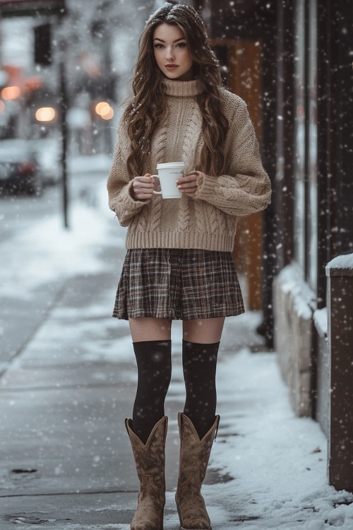 Chic winter look featuring a warm beige sweater, plaid skirt, black tights, and gray cowboy boots, with the woman standing on a snowy sidewalk