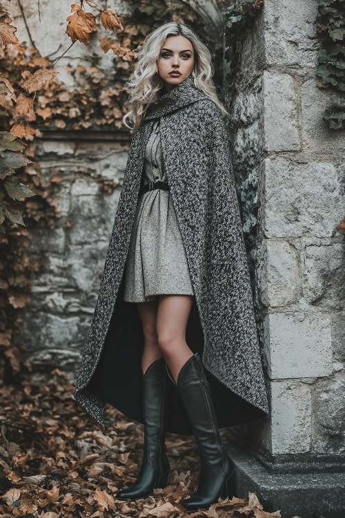 Fashionable woman in a luxurious wool cape, knee-length skirt, and tall black cowboy boots, posing against an ivy-covered stone wall with frost-kissed leaves