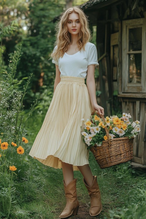 Full-body image of a woman in beige cowboy boots, a pleated pastel yellow skirt, and a fitted white t-shirt with rolled sleeves.