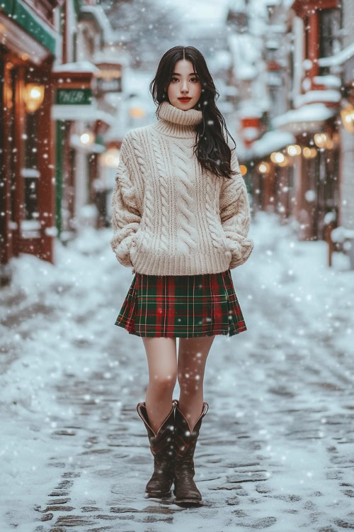 Full-body image of a woman wearing a cozy, oversized beige cable-knit sweater with a turtleneck, paired with a wool plaid skirt in red and green tones, and dark brown cowboy boots