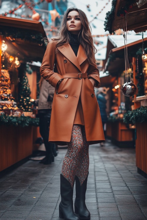 Stylish woman wearing a leather trench coat, patterned tights, and black cowboy boots