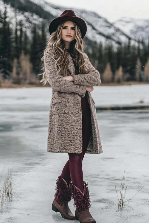 Woman in a cozy oversized wool coat, burgundy tights, and dark brown cowboy boots with fringe