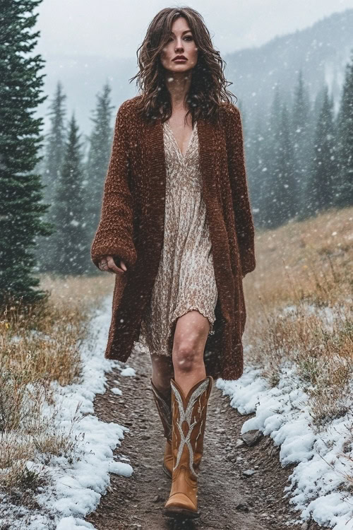 Woman in a thick brown cardigan over a wool dress and tall tan cowboy boots with silver accents, walking on a foggy trail lined with evergreens and light snowfall