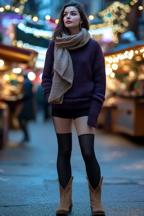 Woman in a thick, dark purple knit sweater with a long scarf, black wool shorts, black tights, and tan cowboy boots (2)