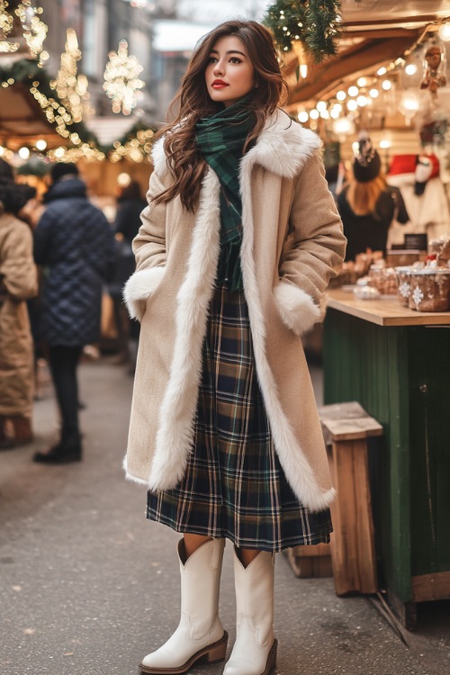 Woman wearing a long, beige faux-fur-trimmed winter jacket, a pleated plaid winter skirt in shades of navy and forest green, and white cowboy boots with subtle embroidery (2)