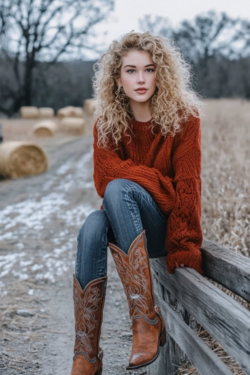 Woman with curly blonde hair in a rust-colored sweater and tall brown cowboy boots with decorative accents