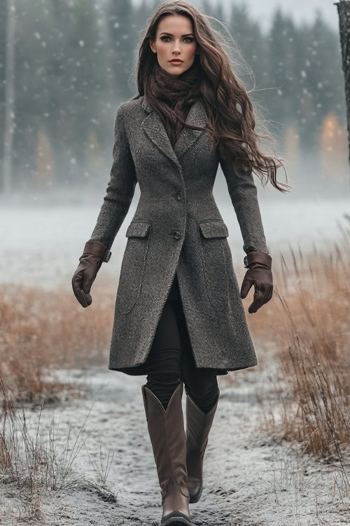 Woman with sleek long hair in a fitted grey wool coat, leather gloves, and tall brown cowboy boots with elegant stitching