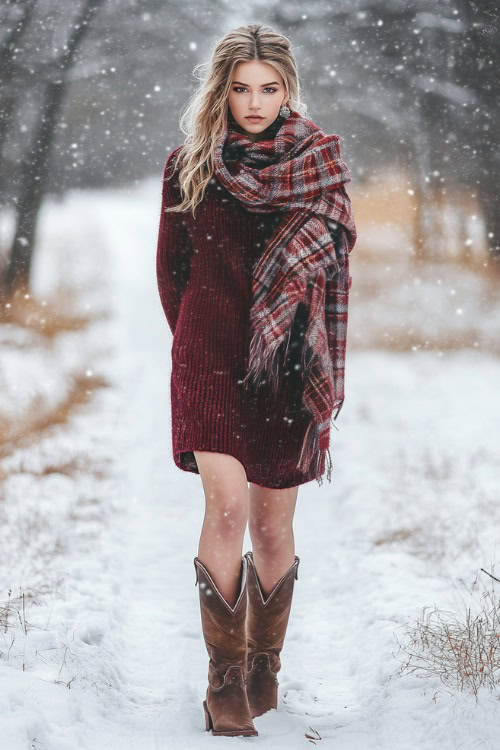 Young woman in a deep burgundy oversized sweater dress with a wool plaid scarf, paired with knee-high, chestnut brown cowboy boots