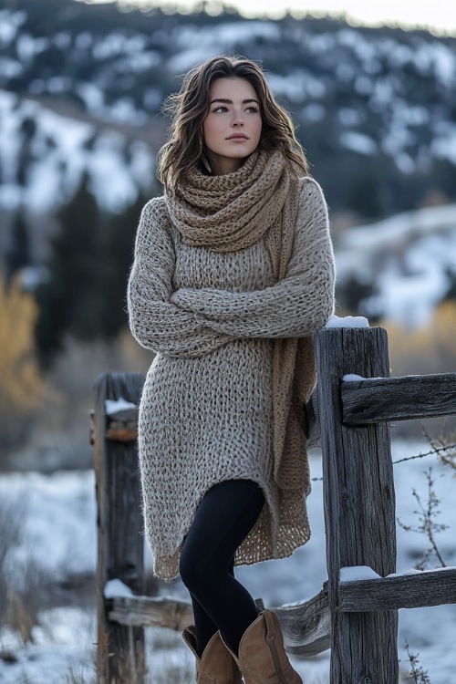 Young woman in a thick knit sweater dress, wool scarf, black tights, and tan cowboy boots