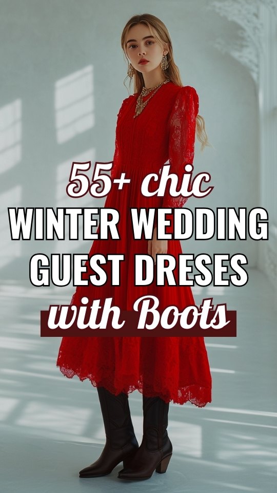 a woman wears a red wedding guest dress with boots