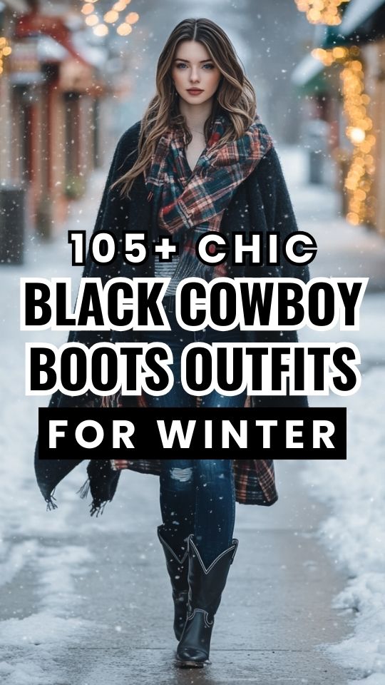 a woman wears black cowboy boots and jeans for winter