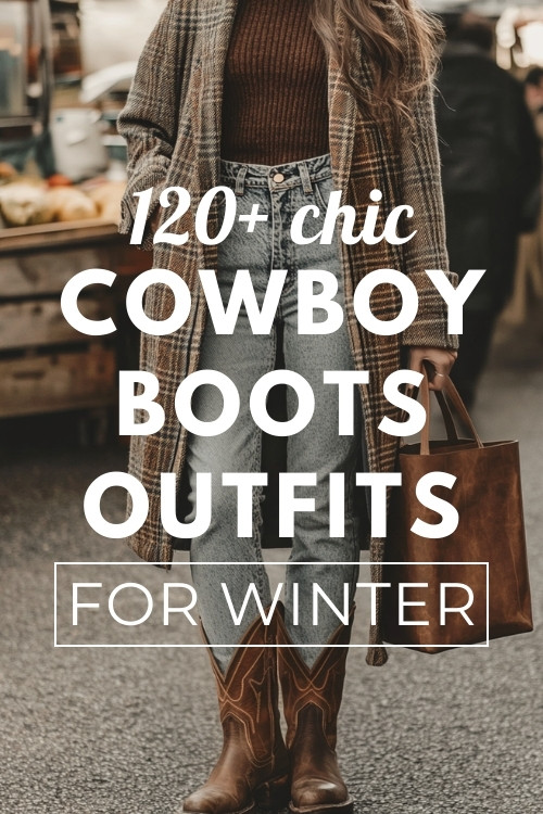 a woman wears cowboy boots with jeans and a coat for winter