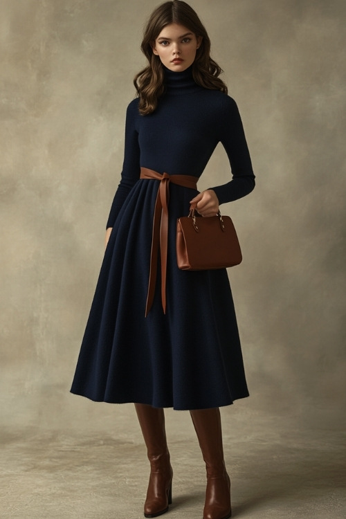 ankle boots and a matching leather bag. Her hair is styled in a sleek ponytail, and her makeup features earthy tones. Studio background with a cozy