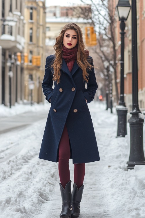 Chic winter outfit with a woman wearing a long navy blue coat, leggings in burgundy, and black cowboy boots