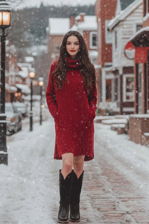 A casual oversized red sweater dress styled with black ankle cowboy boots and accessorized with a chunky knit scarf