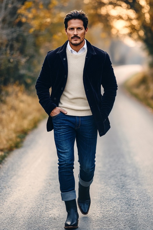 A casual yet stylish man in a navy corduroy blazer over a cream knit sweater, paired with medium-wash bootcut jeans completely hiding the shaft of black cowboy boots (3)